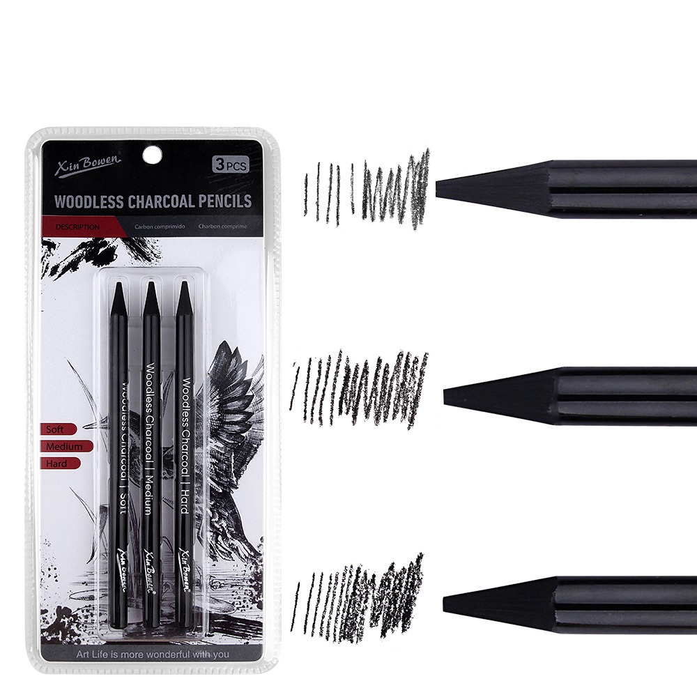 Sketching Charcoal Set - 3 Buah Set Pensil Arang Lembut/Sedang/Keras