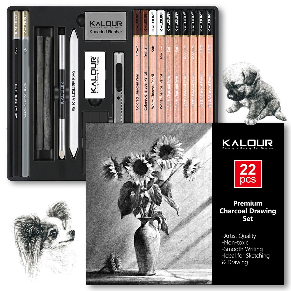 KALOUR 25/22pcs Set Alat Pensi - Sketching Charcoal Set ulasan dan harga